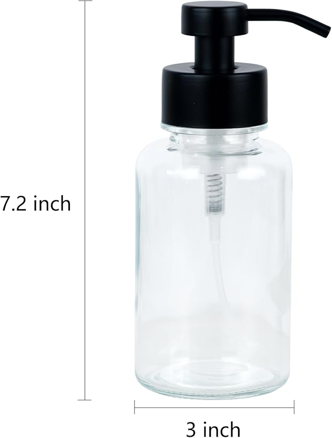 15 oz Amber-Tinted Thick Glass Foaming Soap Dispenser, Refillable Foaming Soap Dispenser with Black Rust-Proof Foam Pump, Suitable for Bathrooms and Kitchens (2, Clear)
