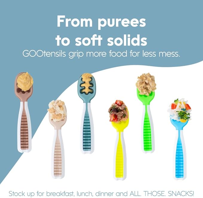 NumNum Baby Spoons Set, Feeding Littles x Silicone Pre-Spoon GOOtensils for Baby Led Weaning, Self-Feeding & Teething, First Stage Toddler Utensils for Ages 6+ Months, 6-Pack, BPA-Free (Neutral/Neon)