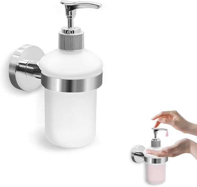 Bathroom Glass Soap Dispenser with Chrome Holder Wall Mounted