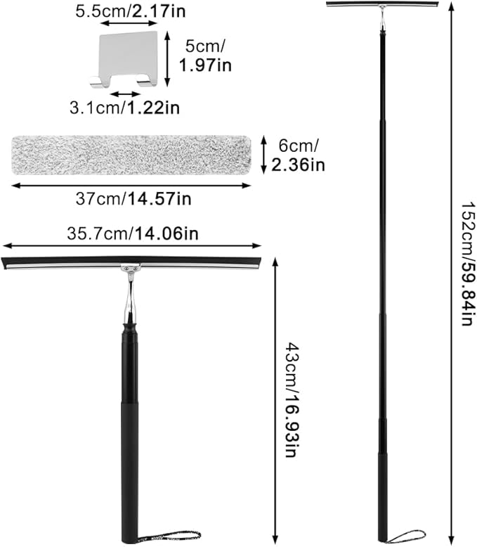 Shower Squeegee with Long Handle and Adhesive Hook, 16.93" to 59.84" Telescopic Squeegee for Window Cleaning