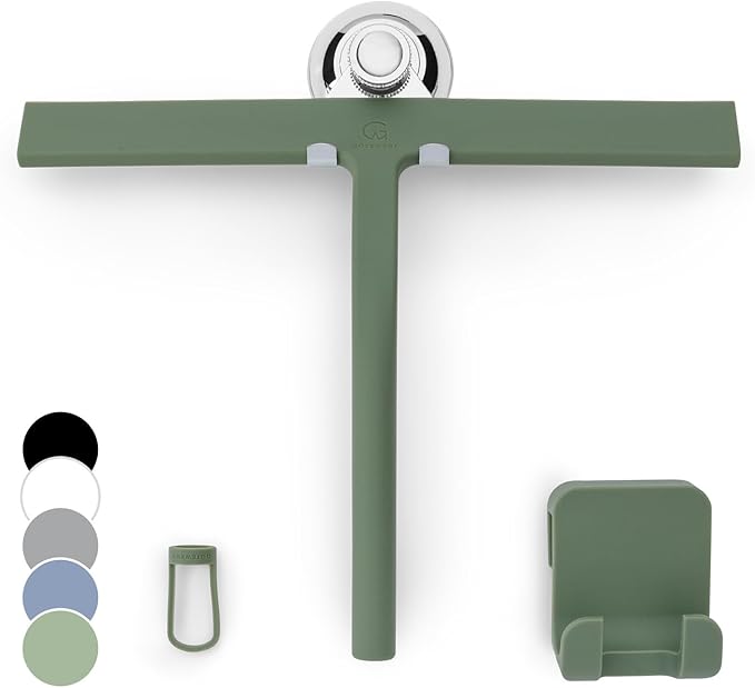 GÜTEWERK Silicone Shower Squeegee for Glass Doors & Mirrors with Stainless Steel Core, Streak-Free & No-Squeak Window Cleaning, 3-in-1 No-Drill Mount (Hook/Suction/Adhesive),Green, 11 Inches