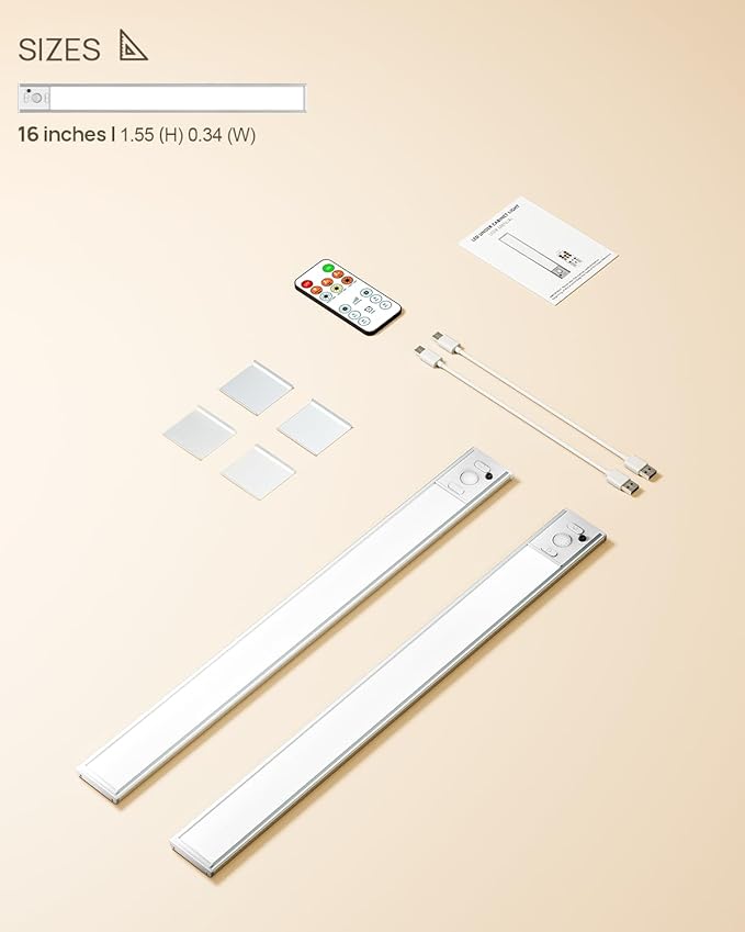 16inch Under Cabinet Lighting with Remote, LED Motion Sensor Light Indoor, 4000mAh Rechargeable Closet Lights, 3 Color Temps Wireless Under Counter Lights for Kitchen, Pantry, Stair, 2 Pack