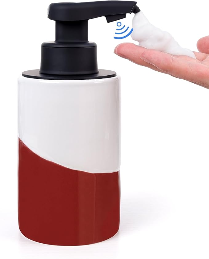 BosilunLife Automatic Soap Dispenser Ceramic Hand Free Soap Dispenser with Waterproof Pump Rechargeable Smart Electric Soap Lotion Dispenser Touchless for Kitchen Bathroom (White-Red, Foam Pump)