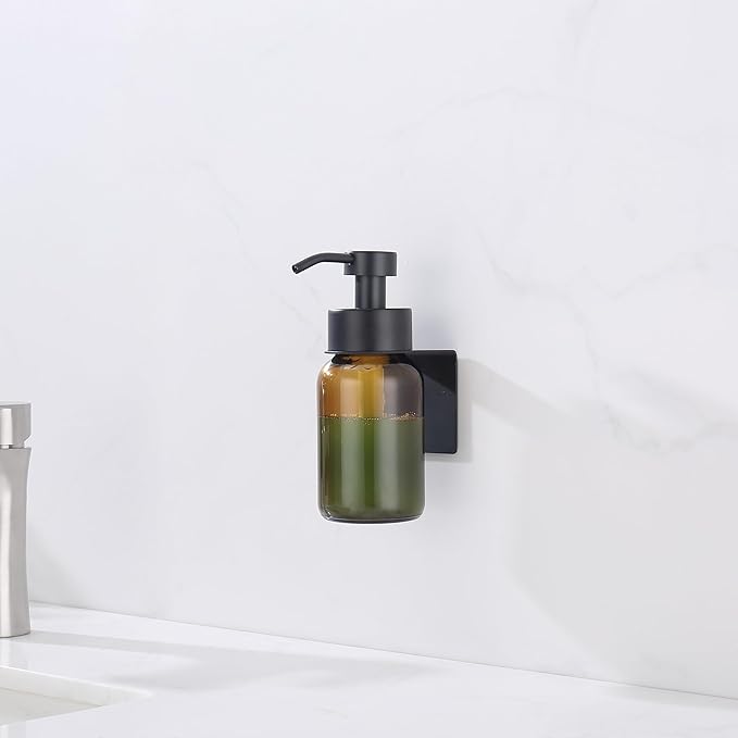 Glass Soap Dispenser, Soap Dispenser Drill Free Wall Mount, Thick Glass Amber Bottle Wall Mount, Round Bottles Dispenser with Rustproof Pump Black Pump Head