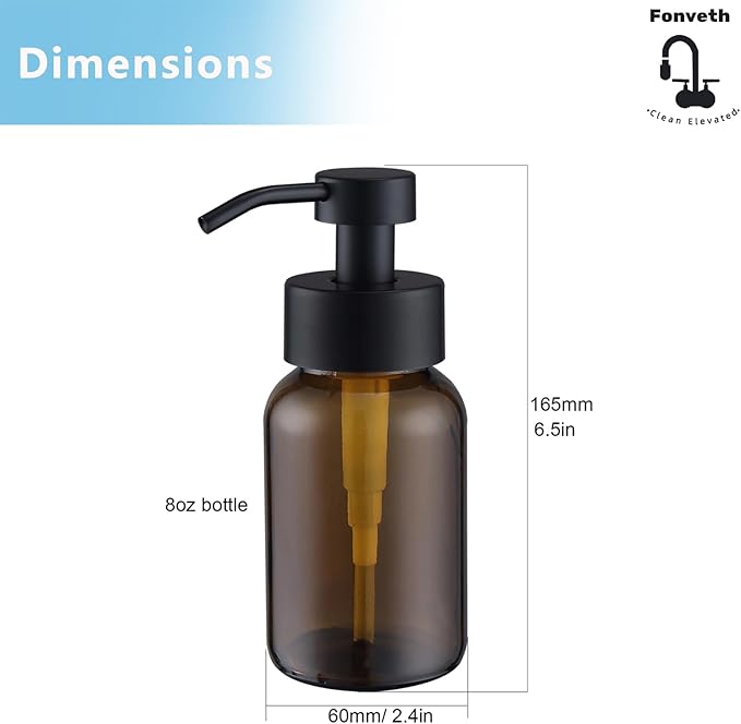 Glass Soap Dispenser, Soap Dispenser Drill Free Wall Mount, Thick Glass Amber Bottle Wall Mount, Round Bottles Dispenser with Rustproof Pump Black Pump Head