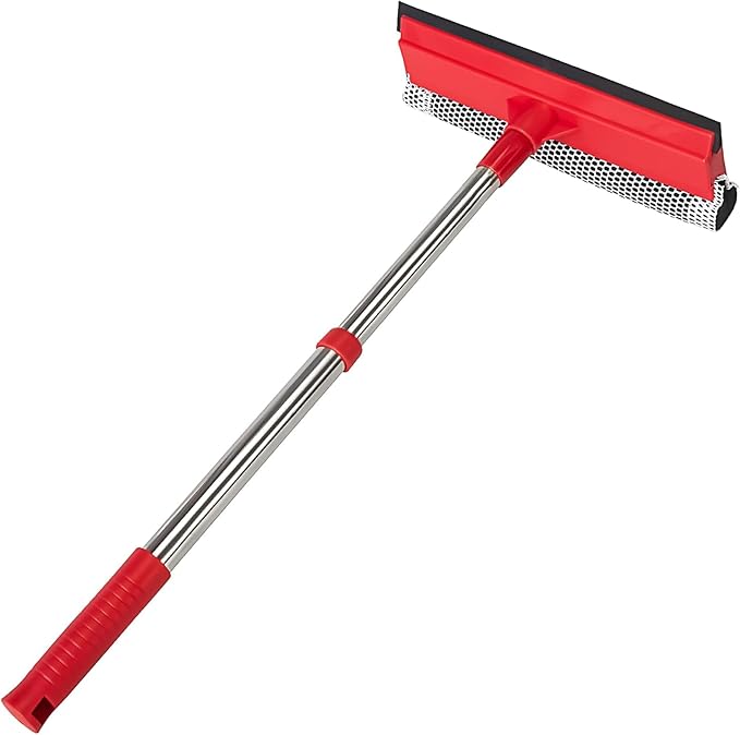 Window Squeegee with 15.7"-27.5" Retractable Stainless Steel Handle, 2-in-1 Windshield Cleaner Tool for Cars, Trucks, Glass Doors, Shower Glass