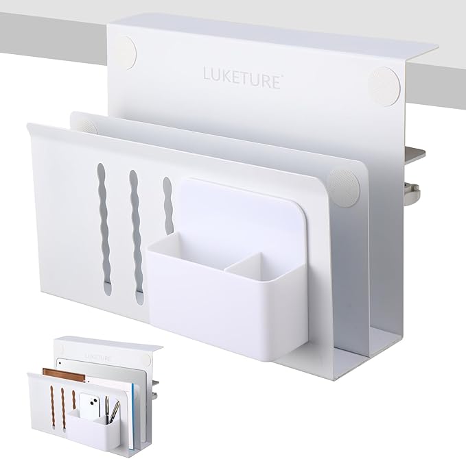 LUKETURE Desk Side Storage, 2 Tier Steel Side Desk Organizer, No Drill Laptop Holder, Clamp on Laptop Mount with Pen Holder, Fits Flat Edge Tables 0.3" to 2.8" (White, L(2 Tier))