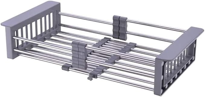 Aspasia Dish Drying Rack Grey, Adjustable Stainless Steel Drainer Basket Drain Tray for Dish Vegetable Fruit, On Counter Dish Rack or in Sink Over Sink Kitchen Basket Dish Drying Rack, Large