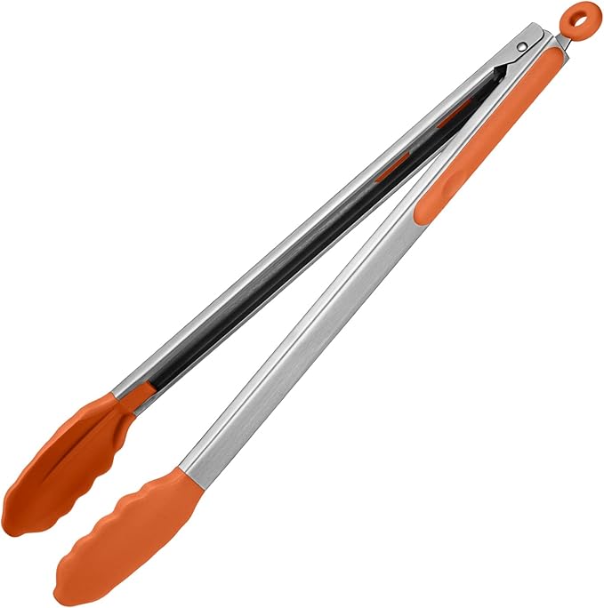 600ºF Heat Resistant Kitchen Tongs: U-Taste 16 inch Extra Long Large Silicone Cooking Tong with Sturdy Non Stick Rubber Tips & Non Slip Silicon Coated 18/8 Stainless Steel Handle for Grill BBQ(Orange)