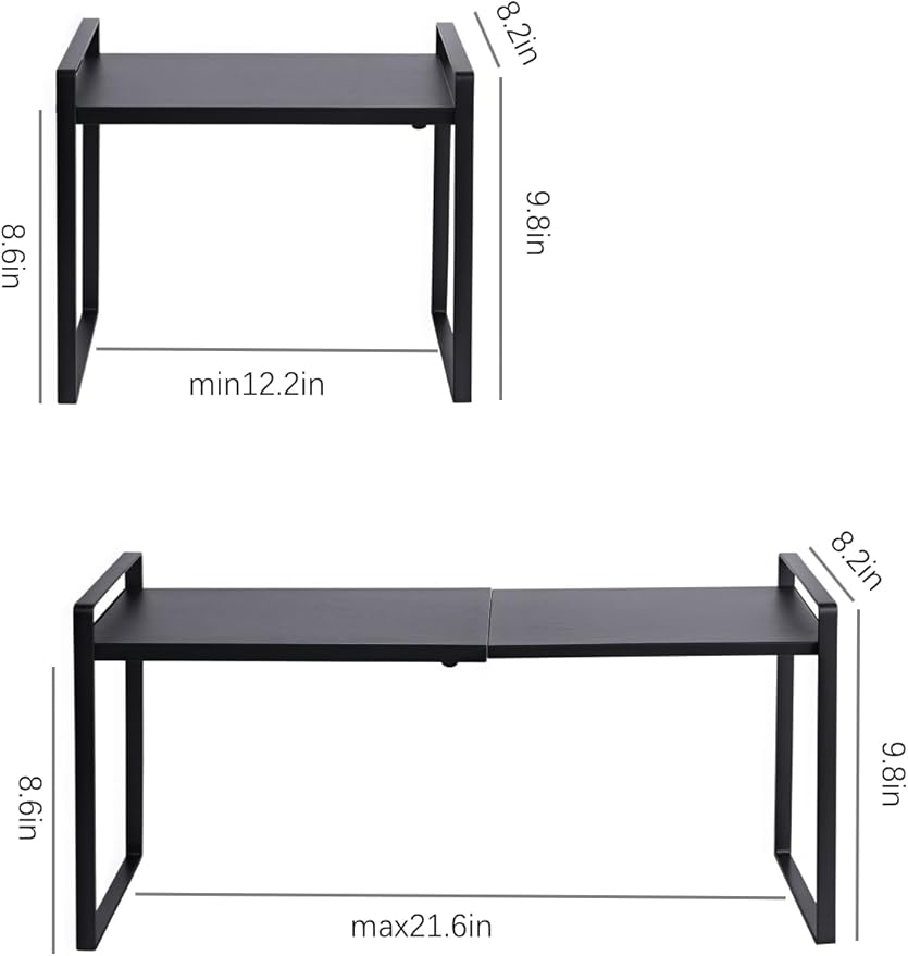 2 Pack Expandable Cabinet Shelf Organizer Riser for Kitchen Pantry Cupboard Under Sink Countertop (2 pack 8.2’’D * 12.2-21.6’’W * 10.4’’H) (Black)