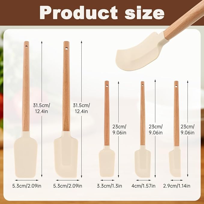 5 Pcs Silicone Spatula Set, Nonstick Rubber Spatulas with Wooden Handle, Soup Spoon Scraper, Jar Scraper for Cooking, Baking, Mixing, Frosting(COLOR:White)