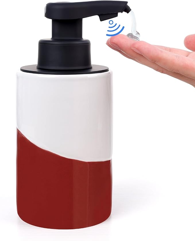 BosilunLife Automatic Soap Dispenser Ceramic Hand Free Soap Dispenser with Waterproof Pump Rechargeable Smart Electric Soap Lotion Dispenser Touchless for Kitchen Bathroom (White-Red, Liquid Pump)