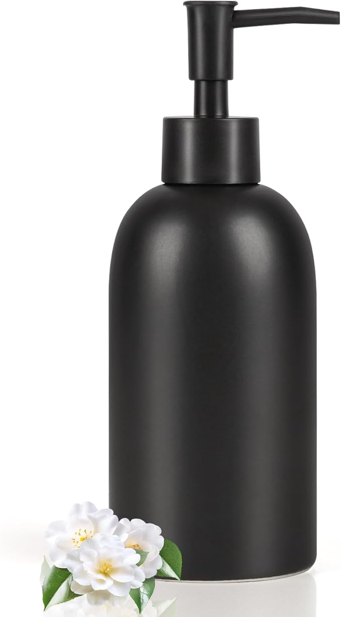 Natheeph 14OZ Ceramic Soap Dispenser Ceramic Soap Pump Dispenser Can Fill Liquid for Bathroom/Kitchen (Black)