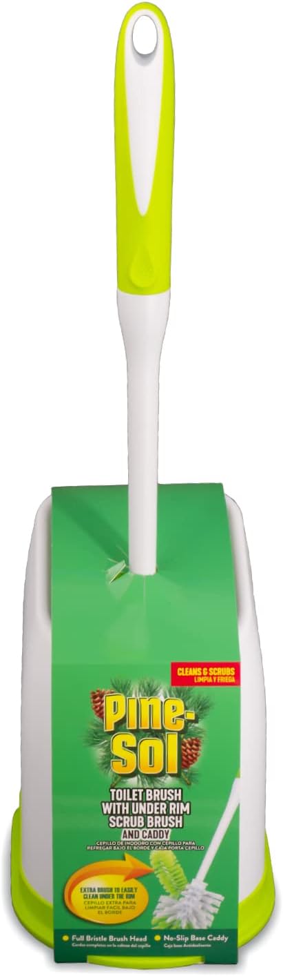 Pine-Sol Toilet Bowl Cleaner Brush with Holder | Heavy Duty Cleaning Wand with Under The Rim Scrubber, Non-Slip Handle, Storage Caddy | Bathroom Supplies, Yellow, Green