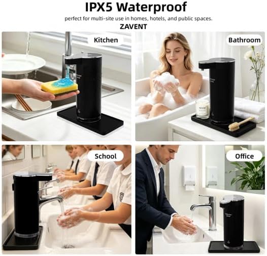 ZAVENT™ Touchless Automatic Soap Dispenser with Compact Black & White Organizer Tray for Kitchen & Bathroom Countertop, Stainless Steel Sensor Dispenser, Modern Design