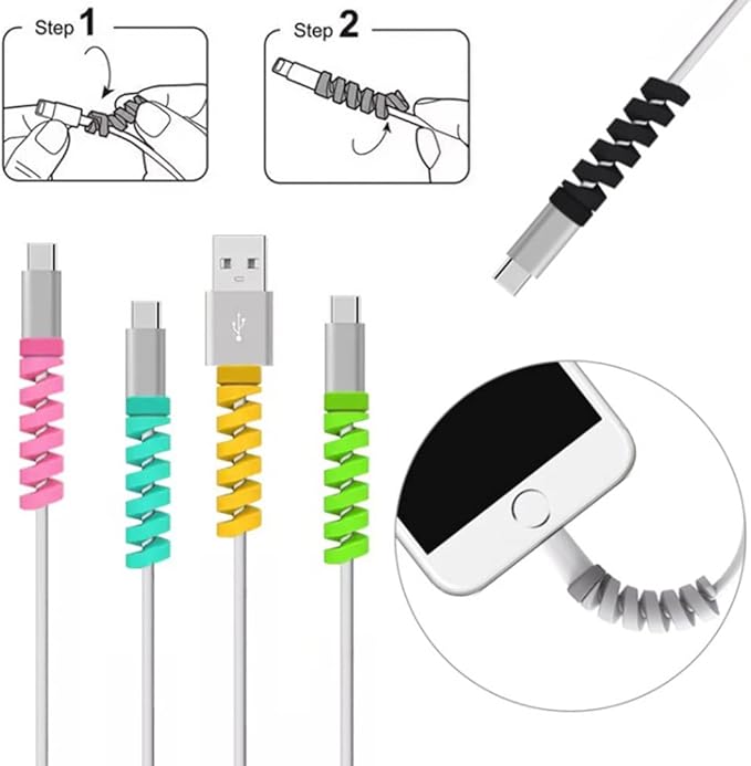 VizGiz 12 Pack Charging Cable Protector Cable Management Organizer Protective Spiral Tube Wire Protectors Cord Sleeve Line Saver for Apple iPhone iPod iPad MacBook Tablet iWatch Android Charger Phone