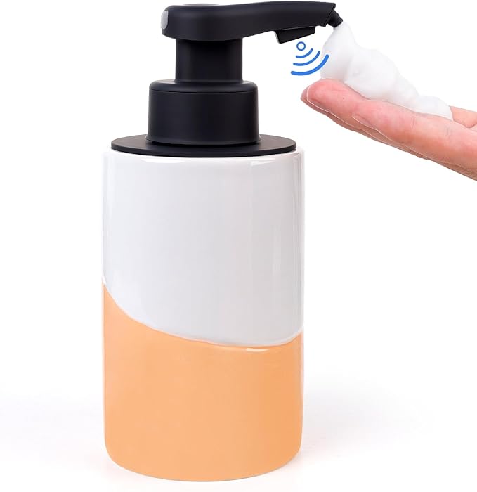 BosilunLife Automatic Soap Dispenser Ceramic Hand Free Soap Dispenser with Waterproof Pump Rechargeable Smart Electric Soap Lotion Dispenser Touchless for Kitchen Bathroom (White-Orange, Foam Pump)