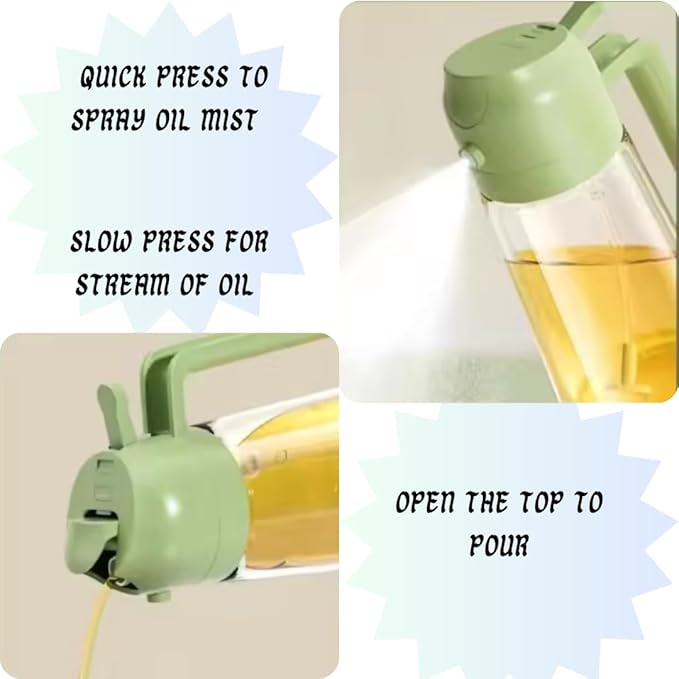 M2OA Glass Oil Sprayer with Dual Function, Green, 16oz/470ml, Premium BPA-Free Oil Dispenser Bottle for Cooking, Scales to keep track of measure, Salad, BBQ (Green)