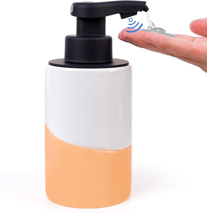 BosilunLife Automatic Soap Dispenser Ceramic Hand Free Soap Dispenser with Waterproof Pump Rechargeable Smart Electric Soap Lotion Dispenser Touchless for Kitchen Bathroom (White-Orange, Liquid Pump)