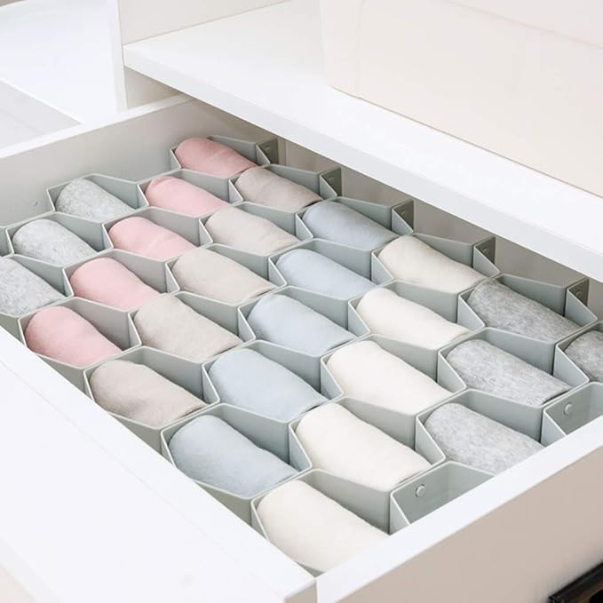 Poeland Drawer Divider Organizer Adjustable DIY Grid Honeycomb Drawer Divider for Underwear Belt Scarf Socks Gray