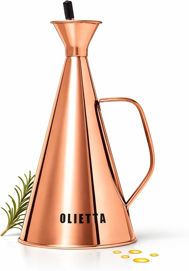 Olietta Olive Oil Dispenser Bottle Copper Stainless Steel Non Drip Leak Proof No Mess Vinegar Pourer & Kitchen Drizzler 34 oz 1000ML 1 Litre Great for Pouring & Drizzling Easy to Clean & Leakproof