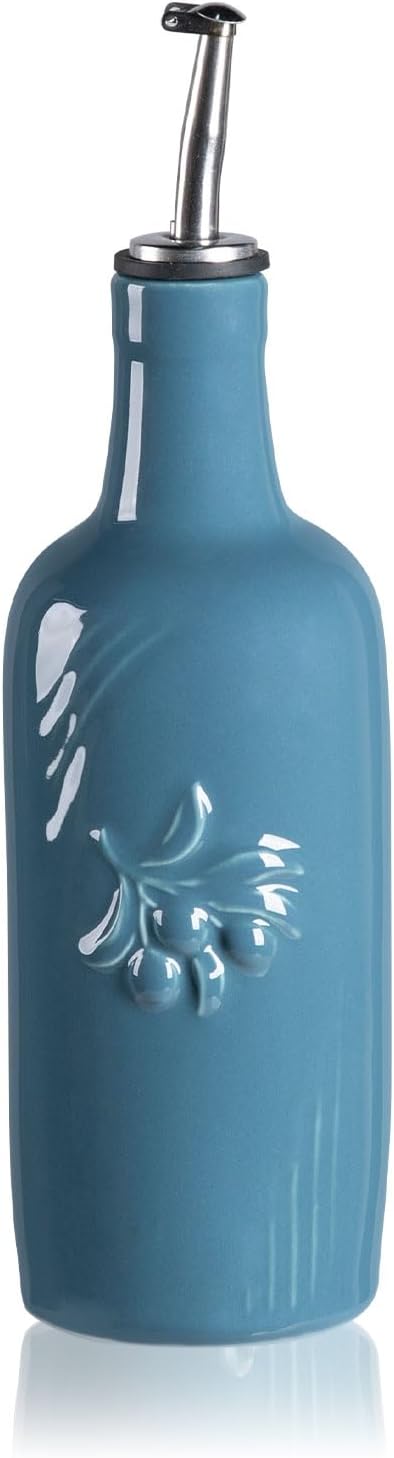 Sweejar Ceramic Olive Oil Dispenser Bottle, 17 FLOZ Oil Bottle with Spout，Porcelain Oil Dispenser for Kitchen,Cooking, Evoo, Vinegar, Soy Sauce, Pack of 1 (Fog blue)
