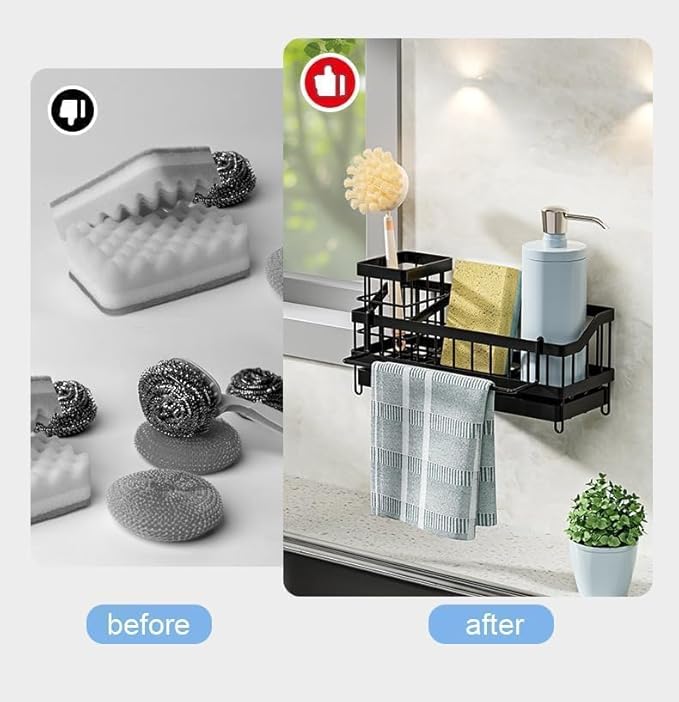 Sponge Holder for Kitchen Sink, Sink Caddy with High Brush Holder, Organzier Rustproof 304 Stainless Steel Dish Organizer Wall Mount, Soap Dispenser Storage