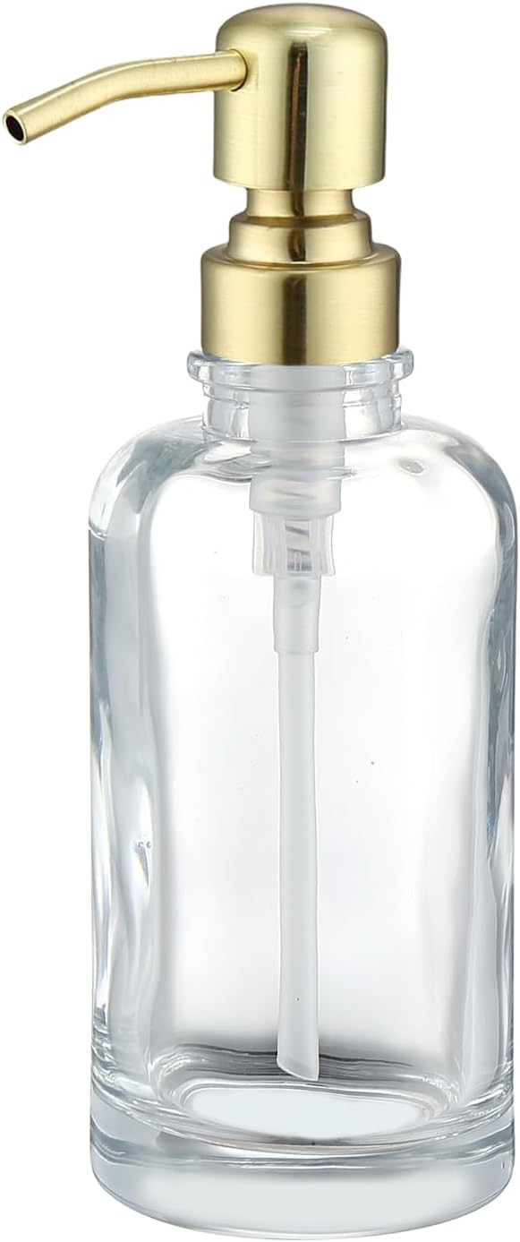 Bathroom Soap Dispenser Brushed Gold, 11 oz Glass Cylindrical Bottles with Stainless Steel Pump Liquid Hand Soap Dispenser Kitchen