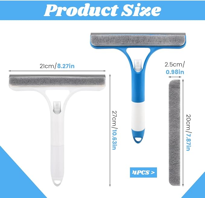3 in 1 Window Cleaning Scraper with 2 Replaceable Cleaning Cotton Strips, 3 in 1 Spray Squeegee for Home Glass Doors Car Windows Glass, All-Purpose Window Cleaner Tool(1pc White & 1pc Blue)