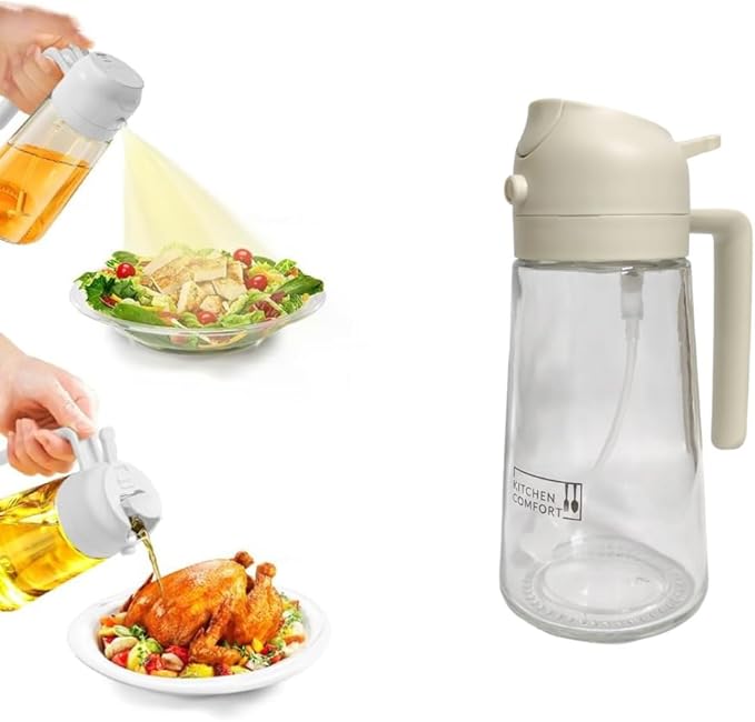 2 in 1 Oil Sprayer & Dispenser - 16oz/470ml Glass Bottle - Air Fryer, Frying, Baking, Olive Oil - Off White
