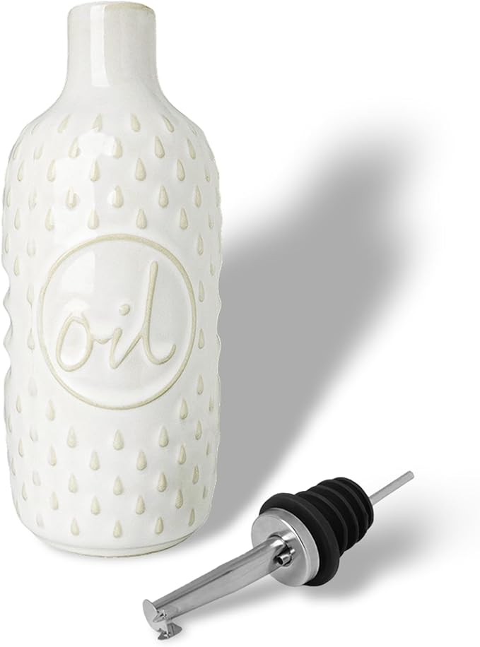 GDCZ Ceramic Olive Oil Dispenser Bottle, 15 Oz Relief Opaque Oil Cruet for Kitchen Counter, Oil Dispenser for Storage Oil, Vinegar, Soy Sauce, Coffee Syrup, Liquids (White)
