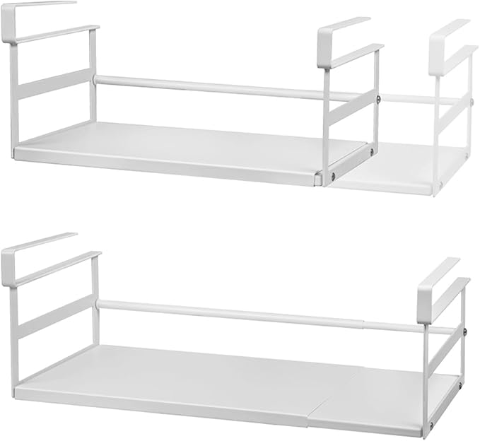 Under Shelf Storage Basket, 2 Pack Hanging Baskets Under Cabinet Shelf Organizer, Expandable Add-On Space Saver Pantry Kitchen Bookshelf Cupboard Slide-in White Heavy-Duty Wider Size