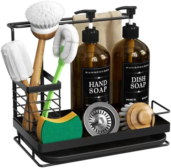 Kitchen Dish Soap Dispenser Set with 2 Pack 17oz Amber Glass Bottles - Rustproof Stainless Steel Organizer & Removable Tray - Farmhouse Soap and Sponge Caddy for Kitchen Sink Countertop Decor