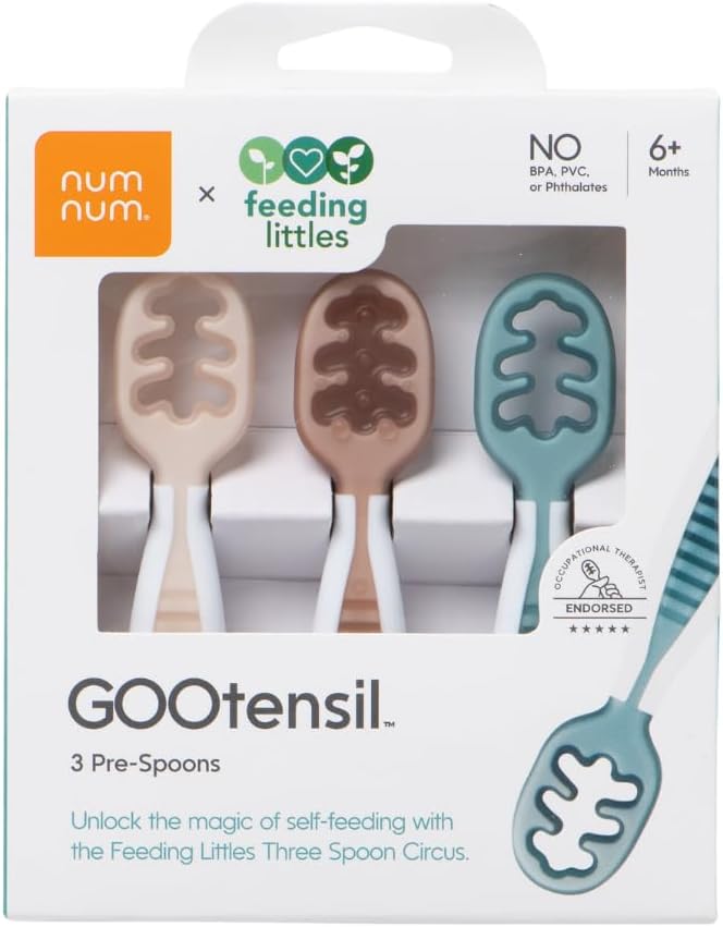NumNum Baby Spoons Set, Feeding Littles x Silicone Pre-Spoon GOOtensils for Baby Led Weaning, Self-Feeding & Teething, First Stage Toddler Utensils for Ages 6+ Months, 3-Pack, BPA-Free (Neutrals)