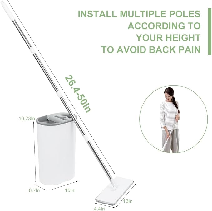 CQT Self-Wringing Mop and Bucket Set for Home Long Handle Flat Mop with 6 Washable Microfiber Pads