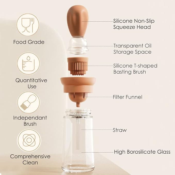 TINMIX Oil Dispenser with Brush - Glass Olive Oil Dispenser for Kitchen, 2 IN 1 Oil Dispenser Bottle with Silicone Basting Brush for Cooking Vinegar Sauce BBQ Grill Frying, T-OB21, Grey