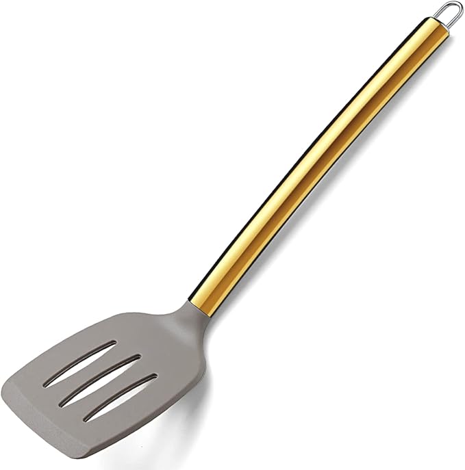 Berglander Non-stick Silicone Slotted Turner with Titanium Gold Plated Handle for Cooking, Dishwasher Safe, Easy to Clean