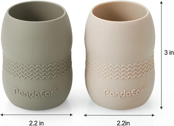 PandaEar Silicone Baby Feeding Set| 2 Pack Silicone Divided Suction Plate and 2 Pack Tiny Cup with 2 Spoons 2 Forks| Baby Led Weaning Supplies Self Feeding Eating Utensils (Light Tan/Walnut)