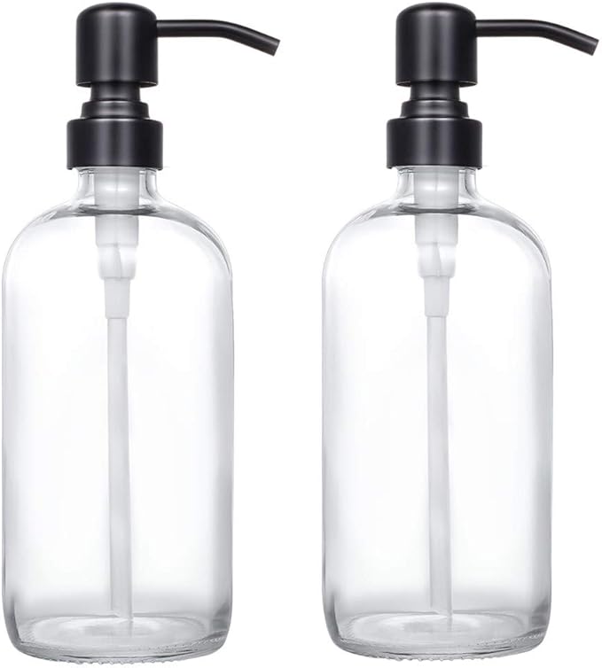 2 Pack Thick Clear Glass Pint Jar Soap Dispenser with Matte Black Stainless Steel Pump, 16ounce Clear Boston Round Bottles Dispenser with Rustproof Pump for Essential Oil, Lotion Soap