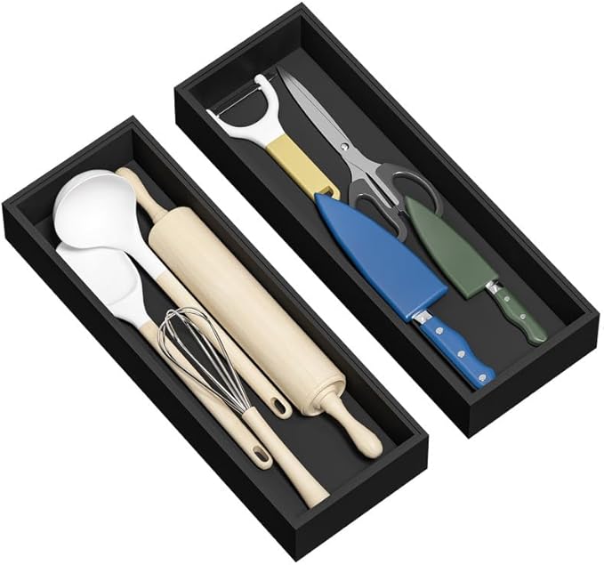 Kitchen Drawer Organizer Tray, Stackable Black Bamboo Drawer Organizer for Large Silverware, Utensils, Cutlery, Flatware, Junk, Dresser, Bathroom