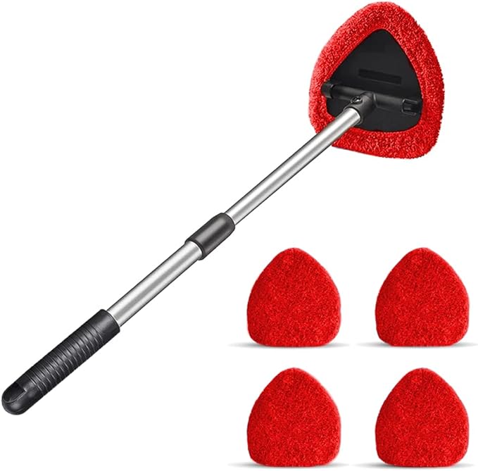 Windshield Cleaning Tool, Car Window Cleaner with 4 Washable Reusable Microfiber Pads, Extendable Long Handle Glass Wiper Cleaning Kit