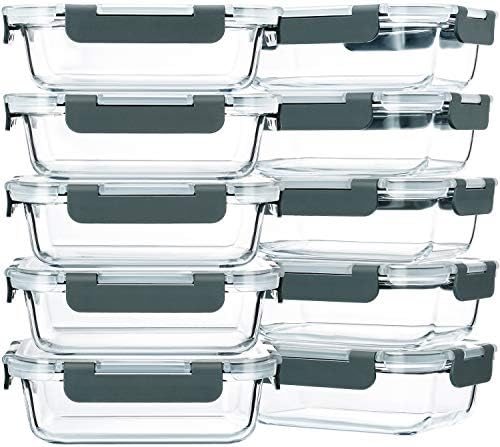 10 Pack,22 oz Glass Food Storage Containers with lids, Gray