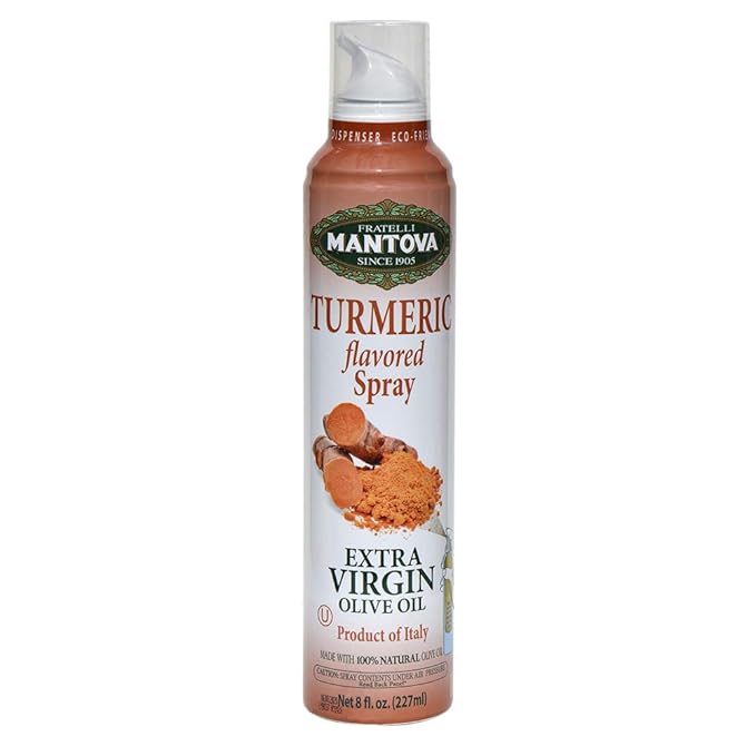 Mantova Turmeric Flavored Extra Virgin Olive Oil Spray, heart-healthy cooking spray perfect for salads, pasta sauces, 100% natural cooking oil made in Italy, olive oil dispenser bottle sprays, drips, or streams with no waste, 8 oz