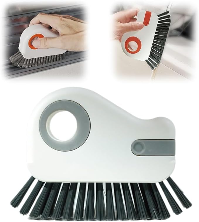 2 in 1 Groove Cleaning Brush, Window Track Cleaner Brush with Hidden Scraper, Crevice Cleaning Brush for Sliding Door Track, Window Sill, Narrow Gaps, Kitchen & Bathroom Cleaning Tool (White)