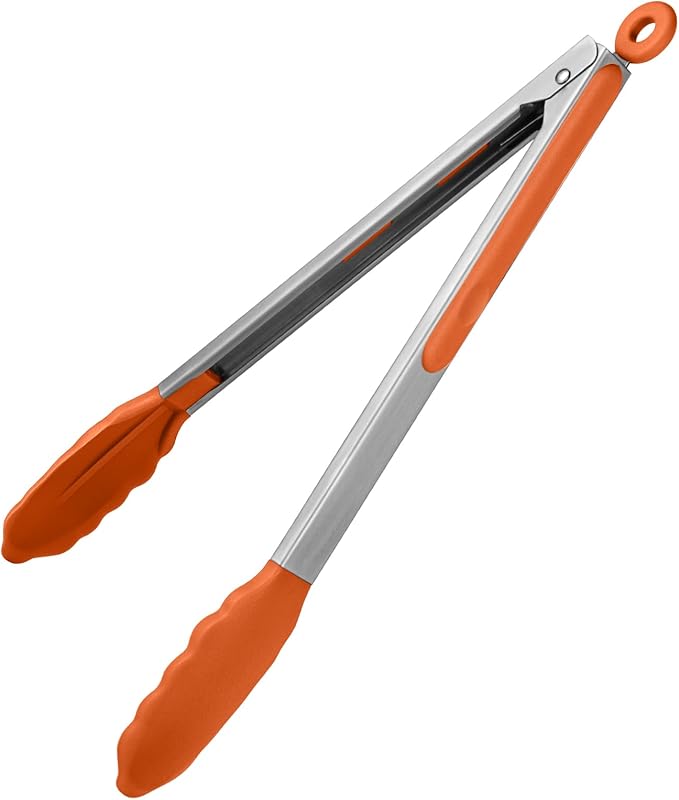 600ºF Heat Resistant Kitchen Tongs: U-Taste 12 inch Large Silicone Cooking Tong with Sturdy Non Stick Rubber Tips & Silicon Coated 18/8 Stainless Steel Handle & Smooth Locking for Serving Grill-Orange