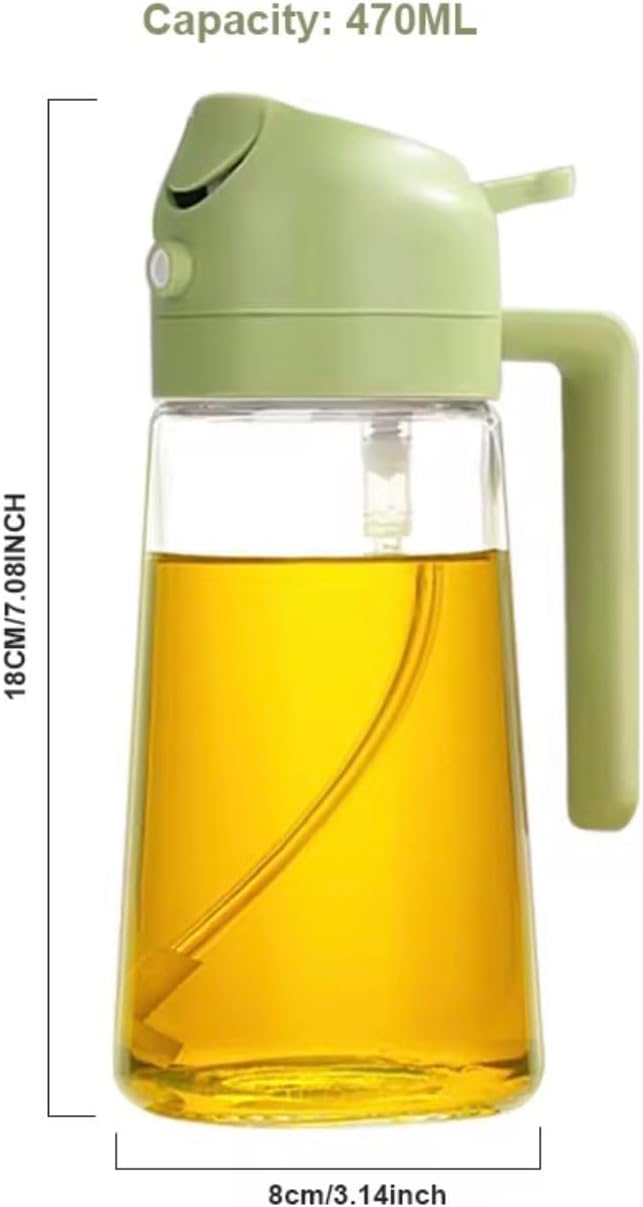 16oz/470ml Glass Olive Oil Sprayer for Cooking with Stickers, 2 in 1 Oil Dispenser for Kitchen Gadgets, Food Grade Premium Spray Bottle with Portion Control for Salad, Frying, BBQ (Green)
