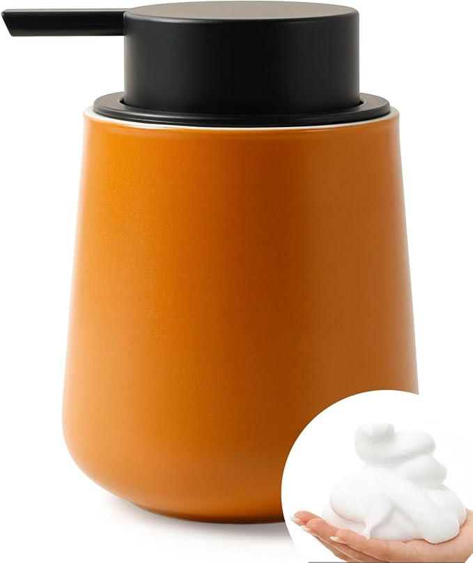 Bosilunlife Ceramic Foaming Soap Dispenser - 12Oz Bathroom Countertop Kitchen Dish Soap Pump Dispenser Foam Soap Dispenser - Orange