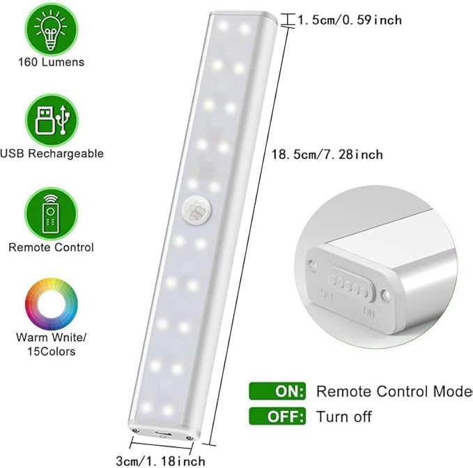 Under Cabinet Light Wireless with Remote, 15 Color RGB Magnetic Led Light Bar, 48-LED Rechargeable Closet Lights, 3 Timer & 4 Modes, LED Under Lighting for Kitchen, Pantry, Bedroom, Stairs (4 Pack)