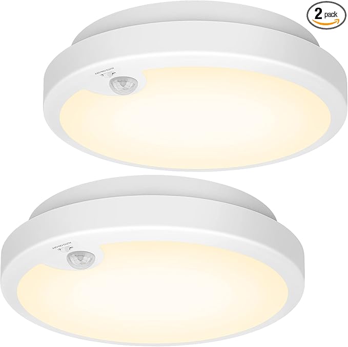 2-Pack Battery Operated Motion Sensor LED Ceiling Lights Indoor, Wireless Flush Mount Light Fixture 3000K in 400LM, Battery Powered Ceiling Lamps for Closet Pantry Laundry Stair(Battery Not Included)