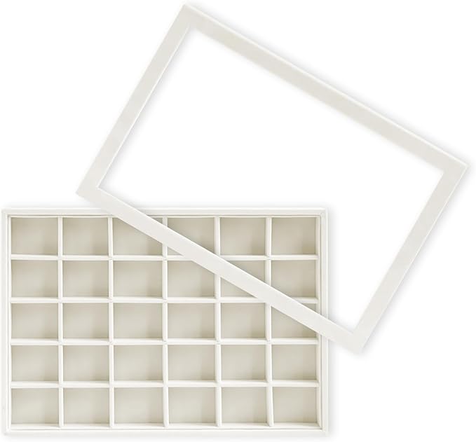 Wudygirl Set of 2 Jewelry Organizer Stackable Jewelry Tray for Drawer Velvet Earring Holder Organizer with Lid Dust-proof Earring Case Ring Storage for Women Drawer Inserts 30 Grid (Beige)